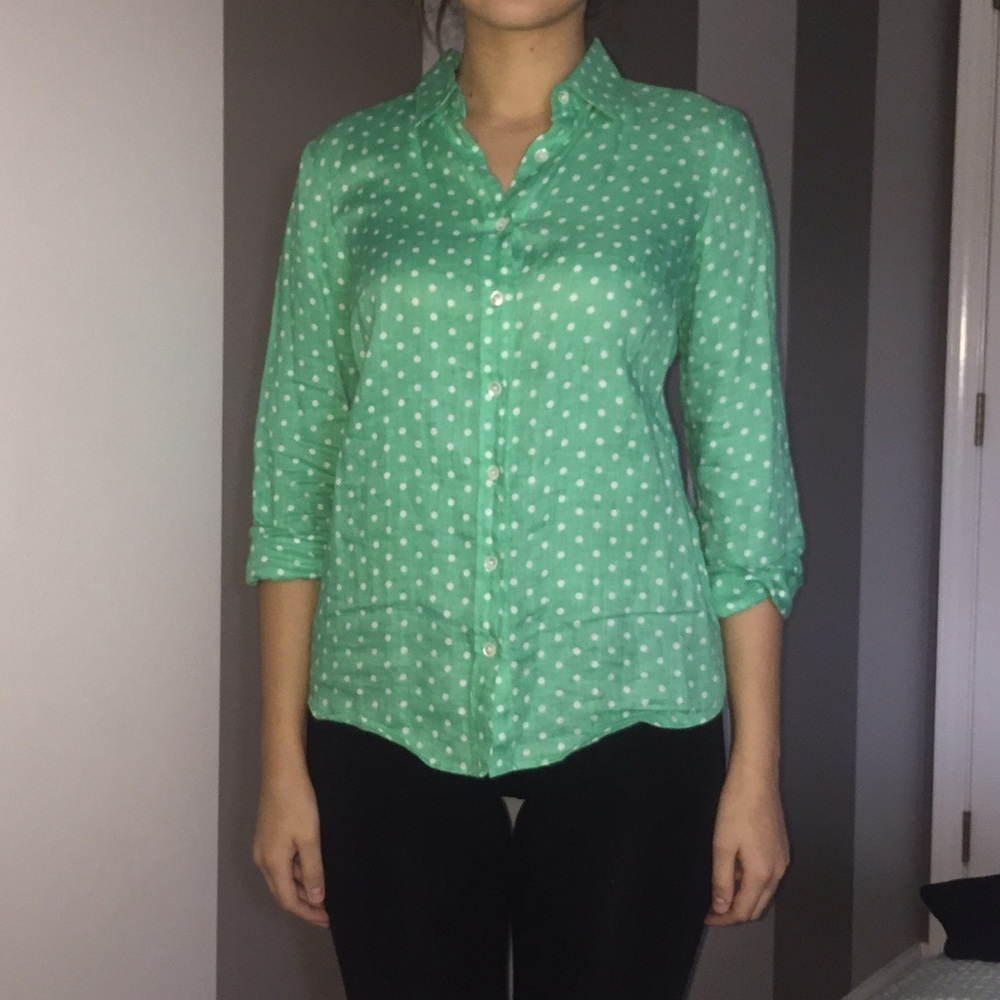 J crew Green top with white polka dots